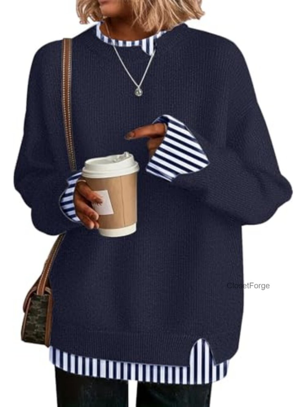 Oversized Knit Sweater Long Sleeve Crew Neck Cut Out Patchwork Fall Winter